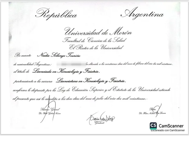 Licenciada en Kinesiología y Fisiatría &ndash; Universidad de Morón, 2021
